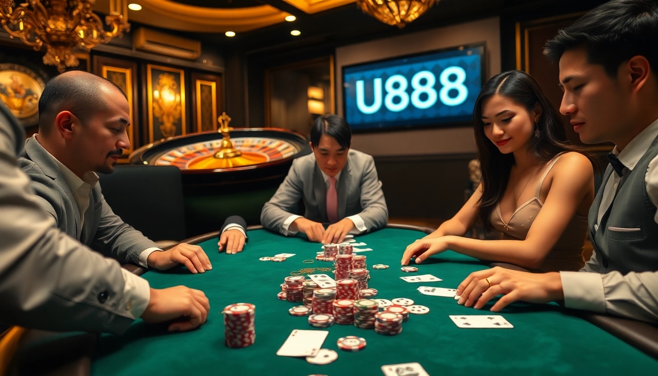Engaging poker game at U888 casino featuring professional players and high-stakes betting.