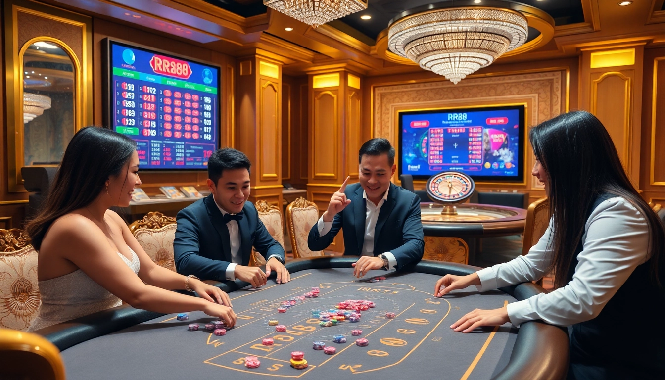 Players enjoying a thrilling game of Baccarat at RR88, surrounded by luxurious casino decor.
