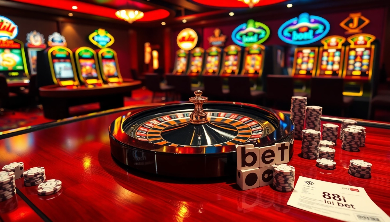 Engage in high-stakes excitement with 88i bet at a vibrant casino table featuring poker chips and roulette.