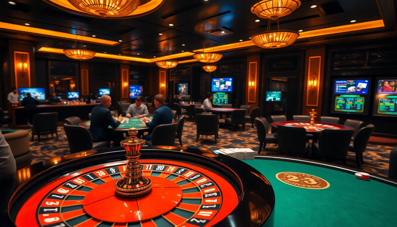Experience the thrill of 23win at an elegant casino with poker tables, roulette wheel, and vibrant gaming interfaces.