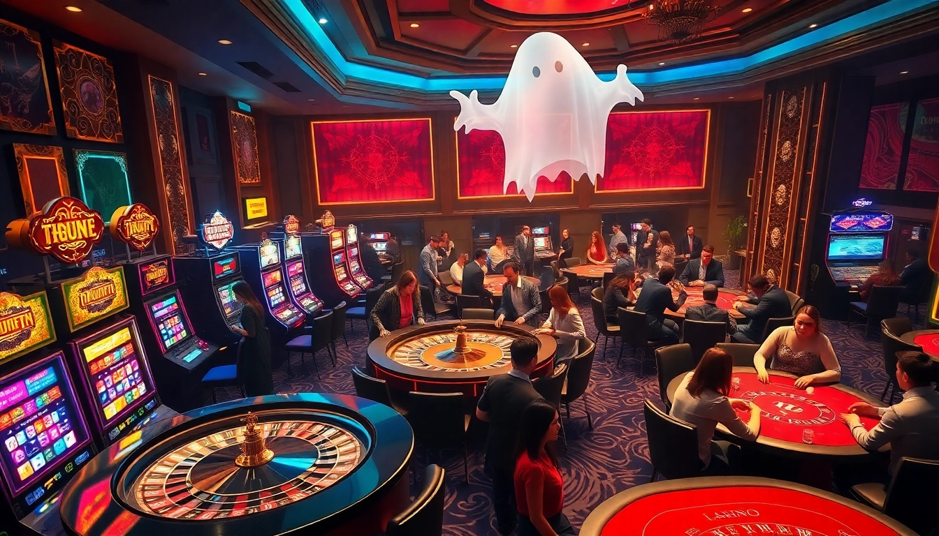 Truyên ma-themed casino scene with players at roulette and poker tables, emitting an aura of mystery.