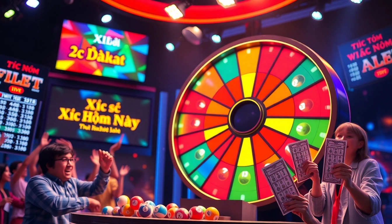 Xổ số hôm nay illustrated with a vibrant lottery draw scene showcasing colorful lottery balls and enthusiastic participants.