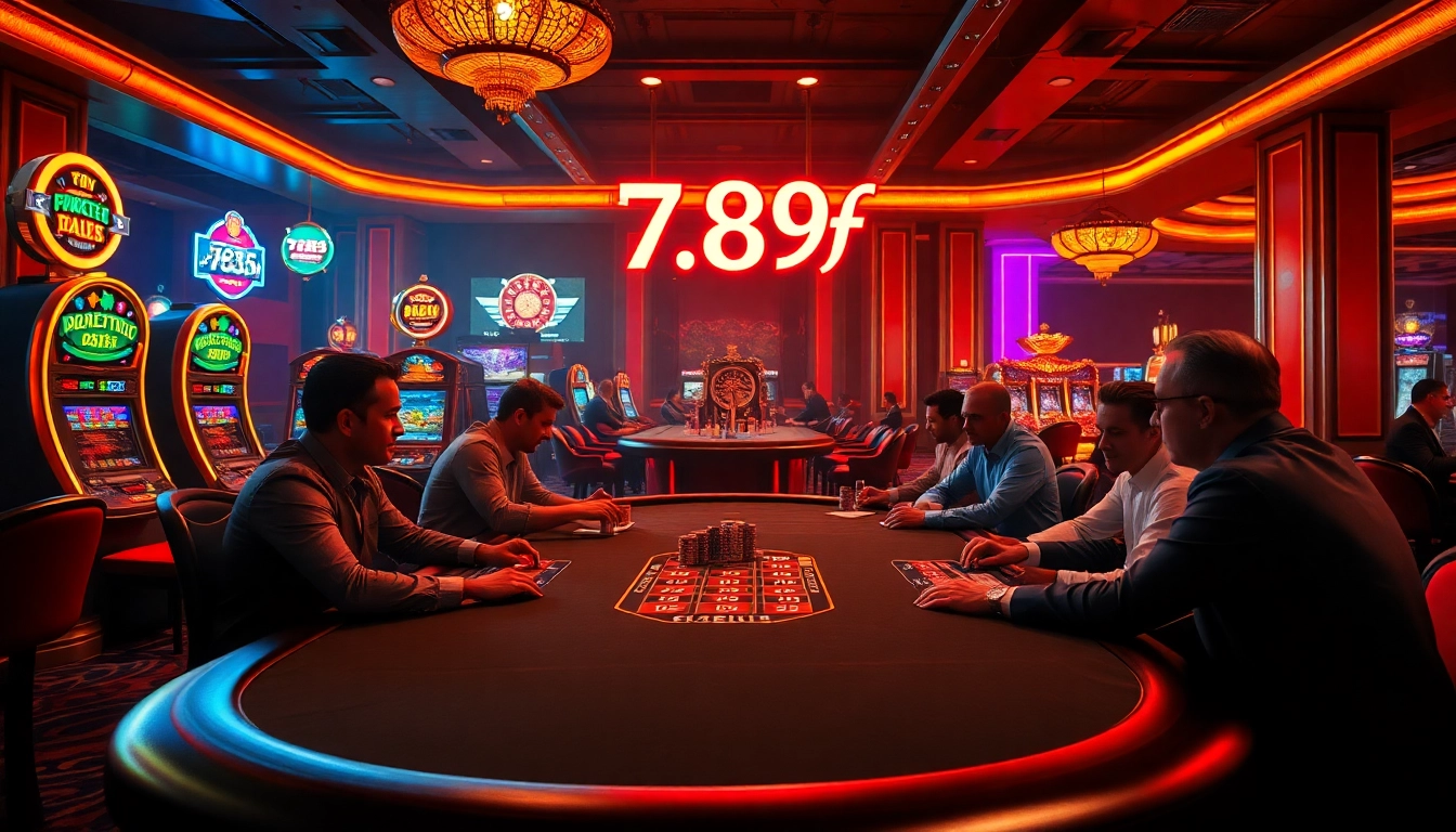 Players enjoying a high-stakes game at a luxurious 789f casino poker table with vibrant chips and roulette.