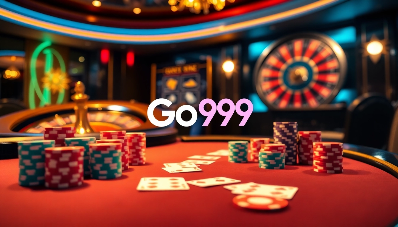 Engage in high-stakes poker at Go99, featuring vibrant chips and elegant casino ambiance.