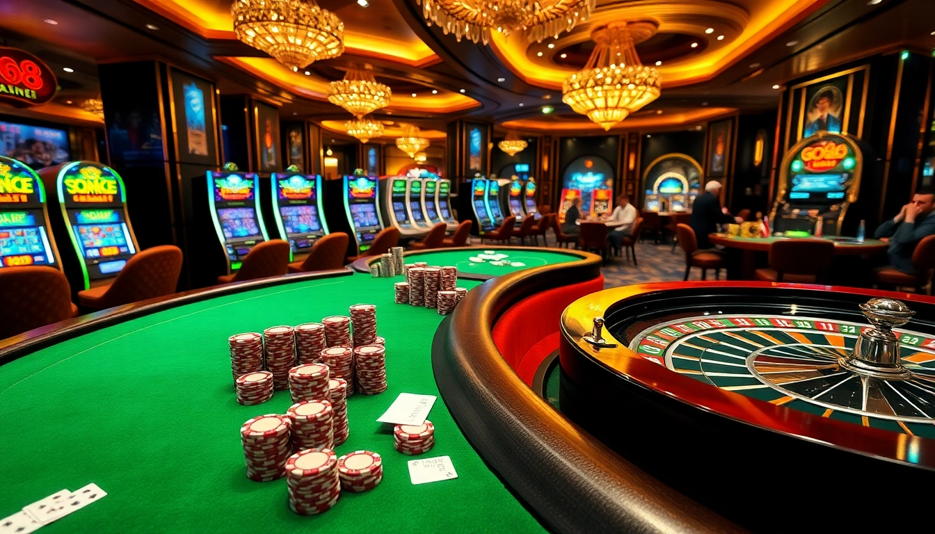 Engaging players at the Go8 casino tables, showcasing vibrant poker chips and sleek slot machines.
