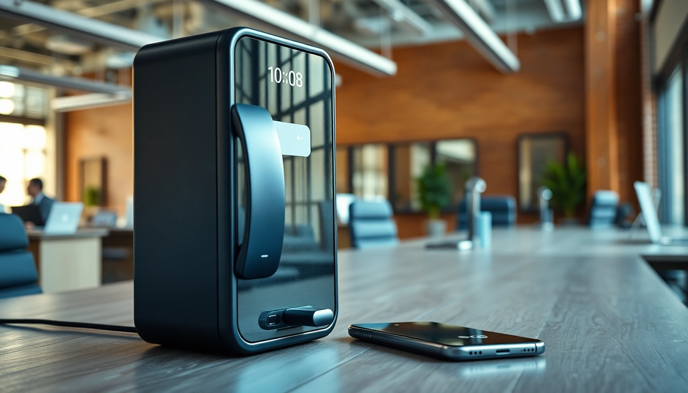 Phonelocker in a modern office with a sleek digital display and smartphone in focus.