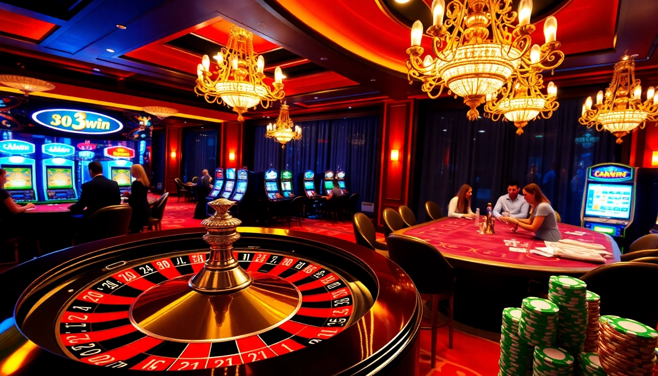 33win players enjoying the excitement of a lavish casino atmosphere with roulette and cards.