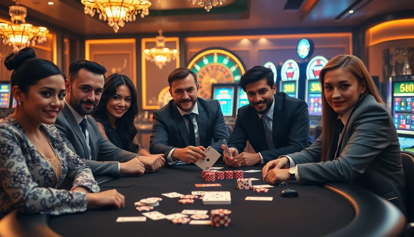Experience the thrill at MMOO with players engaged in an exciting poker game at a luxurious casino table.
