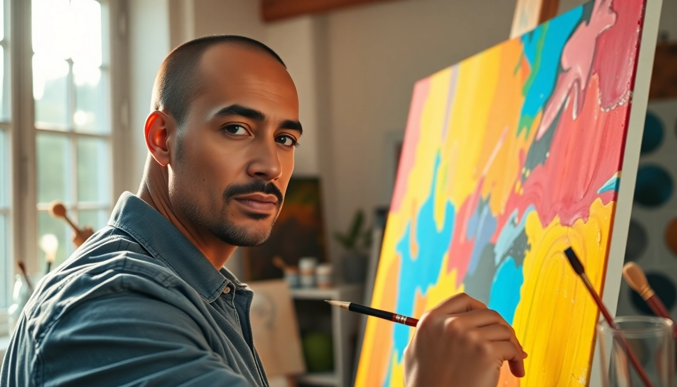 Artist painting a vibrant canvas in a sunlit studio, showcasing creativity and focus.