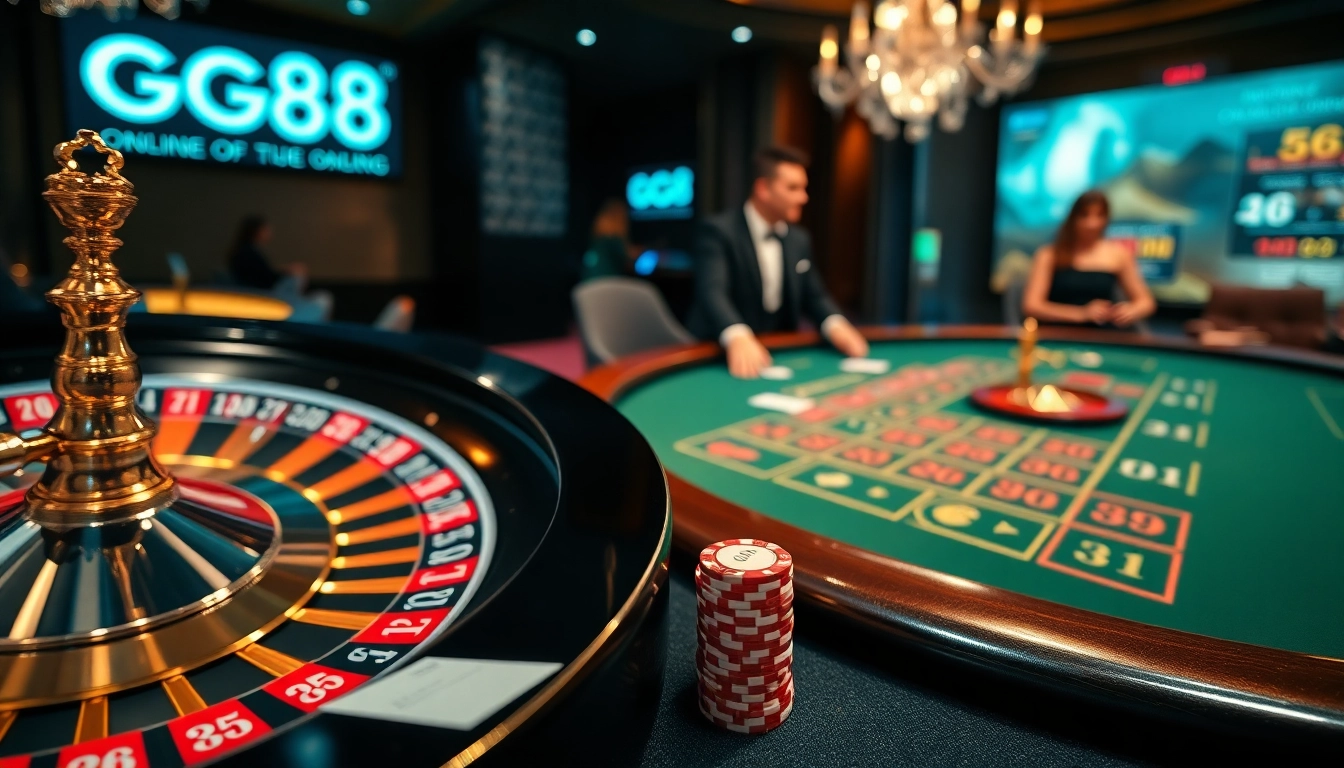 Exciting casino scene showcasing GG88 with roulette wheel, poker chips, and betting options.