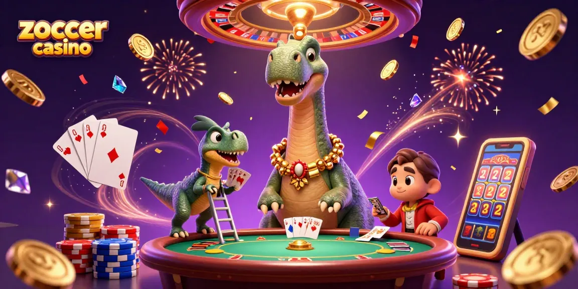 Zoccer casino showcases a vibrant 3D scene with animated characters, cards, and casino elements celebrating wins.