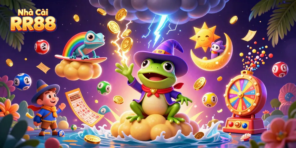 Engaging scene of Nhà Cái RR88 with a wizard frog and chameleon among colorful gambling elements.